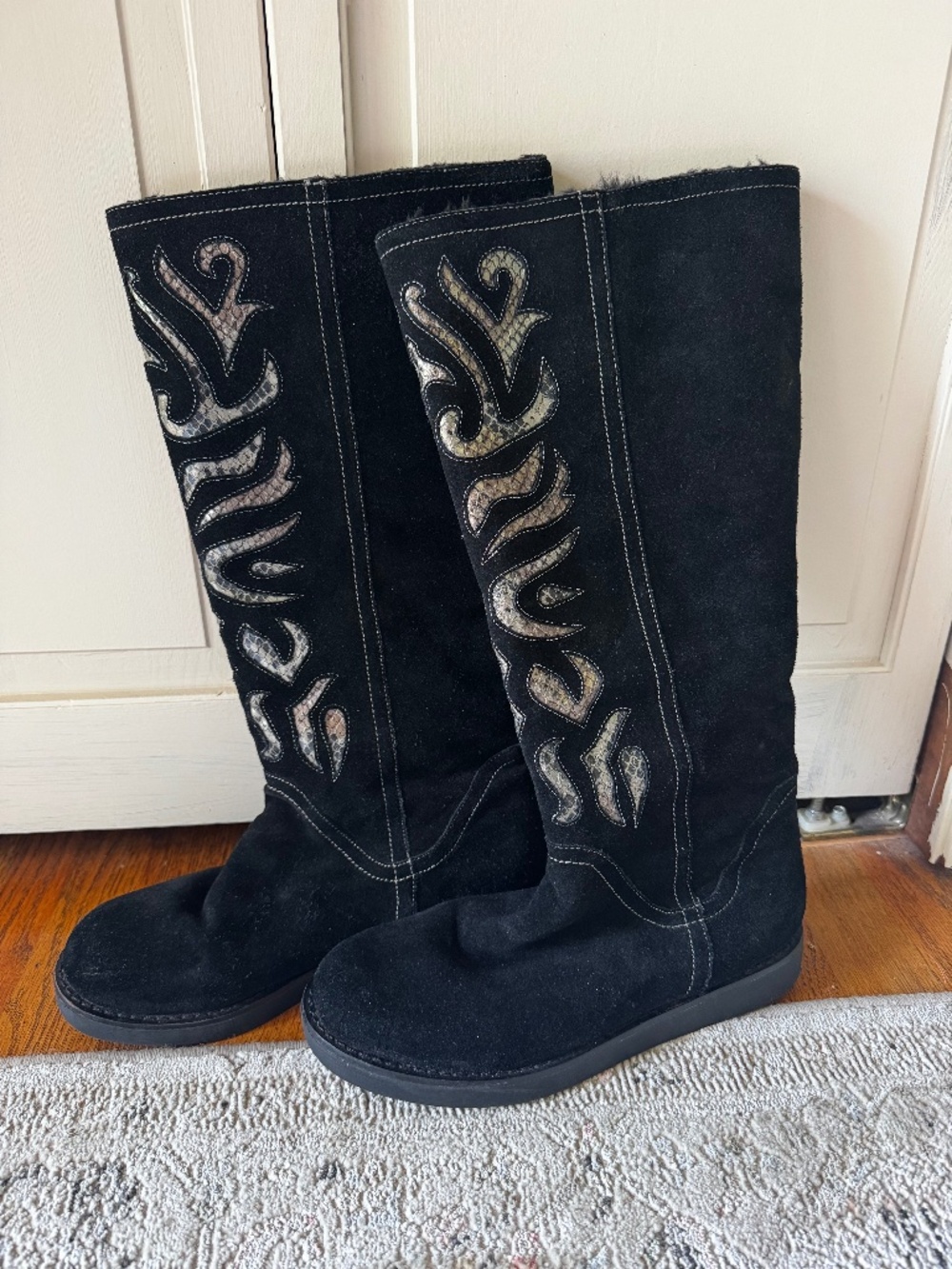 Carlos by Carlos Santana Martista Black Suede Knee High Boots Snake Print Women'